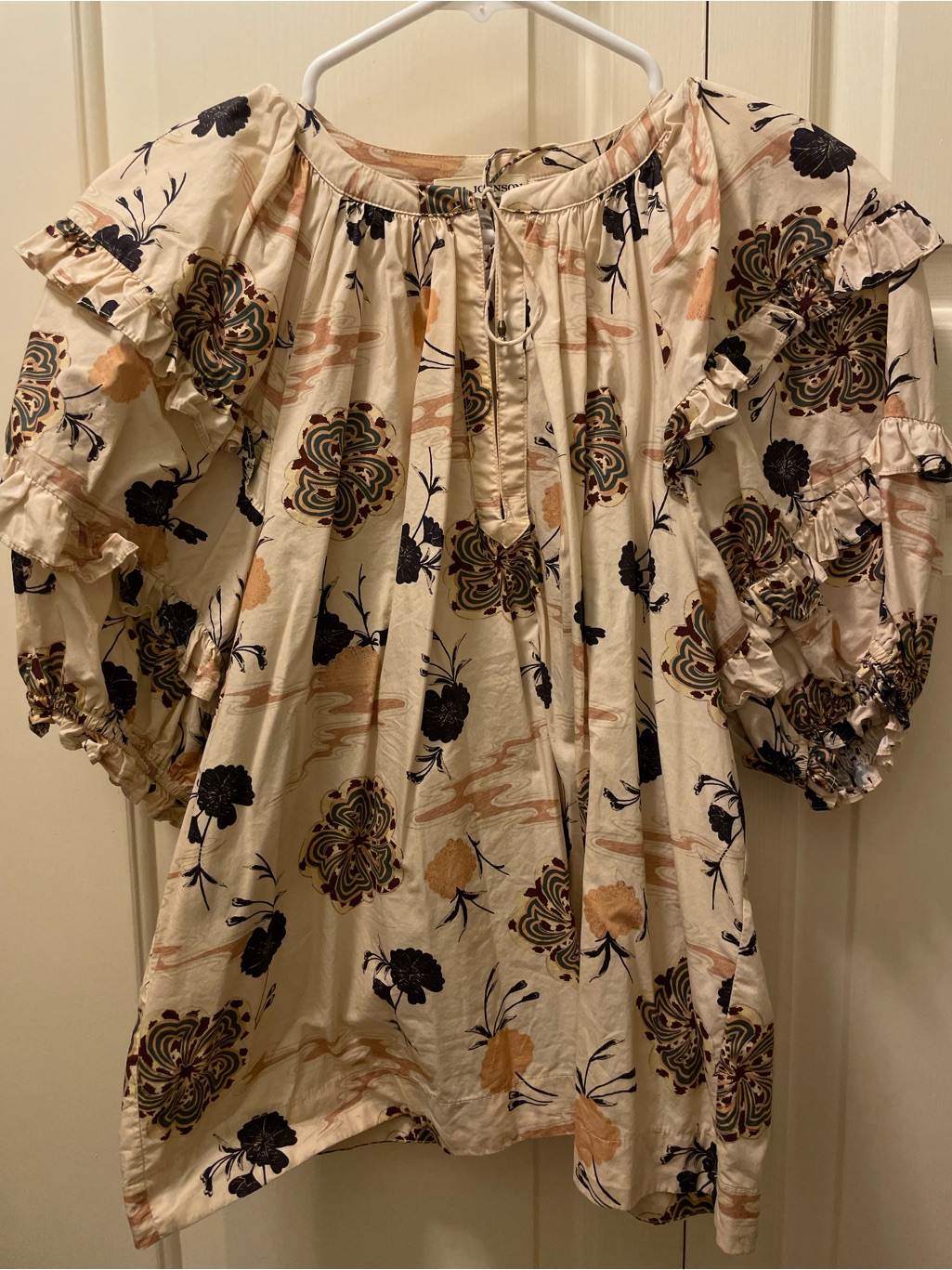 Ulla Johnson Cream Floral Ruffle Sleeve Peasant Top